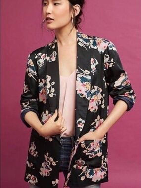 Anthropologie ett:twa Satin Black Floral Shawl Collar Blazer Jacket